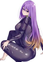 1girl absurdres ass biker_clothes bikesuit bodysuit breasts commission highres hijiri_byakuren large_breasts looking_at_viewer mirufui pixiv_commission purple_eyes purple_hair simple_background smile solo touhou turbo_byakuren white_background