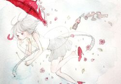 1girl bare_legs bottle character_request cola crying crying_with_eyes_open feet flower grey_hair grey_skirt heart high_heels painting_(medium) petals red_shoes red_umbrella shirt shizumi_(saluck) shoe_dangle shoes short_hair single_shoe skirt sleeveless sleeveless_shirt solo star_(symbol) tears traditional_media umbrella vocaloid watercolor_(medium) white_background white_shirt