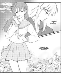 1boy 1girl absurdres bead_necklace beads black_hair closed_eyes cowboy_shot english_text flower greyscale hair_between_eyes hand_on_own_hip hand_to_own_mouth highres higurashi_kagome instagram_username inuyasha inuyasha_(character) japanese_clothes jewelry laughing long_hair long_sleeves monochrome necklace open_mouth pleated_skirt rose sailor_collar school_uniform screentones shirt sidelocks skirt smile tiroma tooth_necklace twitter_username white_hair white_shirt