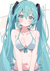 1girl absurdres aqua_bikini aqua_eyes aqua_hair arm_tattoo bare_arms bare_shoulders bikini blue_bikini blush breasts cleavage collarbone cowboy_shot dot_nose flying_sweatdrops front-tie_bikini_top front-tie_top hair_between_eyes hair_ornament halterneck hatsune_miku highres hutaba_haru long_hair looking_at_viewer medium_breasts navel number_tattoo parted_lips shoulder_tattoo side-tie_bikini_bottom simple_background solo stomach straight-on string_bikini striped_bikini striped_clothes swimsuit tattoo twintails upper_body v_arms very_long_hair vocaloid white_background