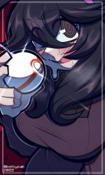 1girl @_@ absurdres black_eyes black_hair boltycat breasts hex_maniac_(pokemon) highres holding holding_poke_ball large_breasts long_sleeves looking_at_viewer nintendo open_mouth poke_ball pokemon pokemon_xy premier_ball solo sweat upper_body