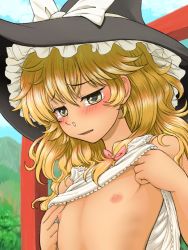1girl bad_id bad_pixiv_id blonde_hair blush camisole clothes_lift day eyebrows female_focus flat_chest hat kirisame_marisa lifting_own_clothes loli nipples outdoors shirt_lift snot solo tears touhou upper_body witch_hat yamija yellow_eyes