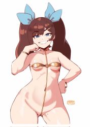 1girl alfajoru2 anchor_choker artist_name bikini blue_eyes blue_ribbon bracelet breasts brown_hair cameltoe freckles gluteal_fold gold_bikini hair_ribbon hand_on_own_cheek hand_on_own_face hand_on_own_hip jewelry micro_bikini mole mole_on_chest mole_on_thigh mole_under_eye navel o-ring o-ring_swimsuit original partially_visible_vulva ribbon small_breasts smile solo standing swimsuit twintails white_background wide_hips