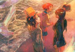 1boy 2girls amate_yuzuriha aqua_eyes beach bird blue_hair collared_shirt conch_(gundam) gundam gundam_gquuuuuux haro jacket long_hair long_sleeves looking_at_viewer looking_back motokooooka multiple_girls non-humanoid_robot nyaan_(gundam_gquuuuuux) open_mouth ponytail purple_hair red_eyes red_hair robot sand school_uniform shirt short_hair shuji_ito skirt smile sweater water