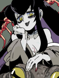 1girl 770mk bags_under_eyes bare_shoulders black_hair black_tongue blood blood_on_breasts blood_on_hands breasts brown_kimono bug centipede cleavage closed_mouth colored_inner_hair colored_skin colored_veins commentary_request green_background grey_skin hand_on_own_chin head_rest japanese_clothes kimono large_breasts long_hair looking_at_viewer lying lying_on_animal multicolored_hair off_shoulder on_stomach original purple_hair simple_background smile solo tongue tongue_out veins yellow_eyes