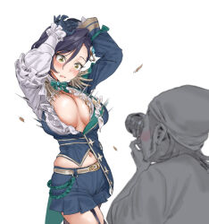 1boy 1girl arms_up asymmetrical_clothes black_hair blue_gloves blue_jacket blue_skirt blush bow bowtie breasts camera commentary_request frilled_shirt frills gloves green_bow green_bowtie hair_between_eyes hamedoragon hayami_kanade holding holding_camera idolmaster idolmaster_cinderella_girls idolmaster_cinderella_girls_starlight_stage jacket large_breasts long_sleeves navel official_alternate_costume partially_colored popped_button revision shirt short_hair simple_background skindentation skirt wardrobe_malfunction white_background white_shirt wide-eyed