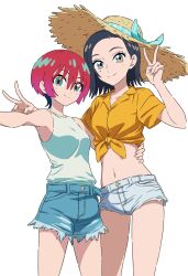 2girls amate_yuzuriha aqua_eyes aqua_shirt armpits black_hair blue_eyeshadow blue_shorts breasts closed_mouth comoli_harcourt cowboy_shot denim denim_shorts eyeshadow gundam gundam_gquuuuuux hand_on_another&#039;s_back hat hat_ribbon highres kousuke0912 looking_at_viewer makeup medium_breasts medium_hair midriff mole mole_under_eye multiple_girls navel orange_shirt red_hair ribbon shirt short_hair shorts simple_background smile split_mouth stomach straw_hat tied_shirt v white_background white_shorts yellow_eyes