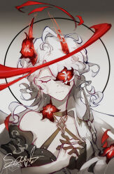 1girl absurdres acheron_(honkai:_star_rail) alternate_hairstyle armor black_choker black_gloves black_shirt breasts choker closed_eyes closed_mouth commentary criss-cross_halter english_commentary facing_viewer flower flower_over_eye gloves hair_over_one_eye halterneck highres honkai:_star_rail honkai_(series) horns limited_palette long_horns medium_breasts official_alternate_color own_hands_clasped own_hands_together red_flower red_horns shirt shoulder_armor single_bare_shoulder single_glove solo suntigerart white_hair