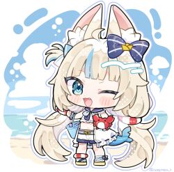 1girl :3 ;d animal_ear_fluff animal_ears beach blonde_hair blue_bow blue_eyes blue_hair blue_outline blue_sailor_collar blunt_bangs blush_stickers bow cat_ears chibi chibi_only commentary crop_top cropped_shirt day english_commentary fang fins fish_girl fish_tail frilled_sailor_collar frills full_body hair_bow highres indie_virtual_youtuber lifebuoy_hair_ornament long_hair looking_at_viewer low_twintails midriff multicolored_hair navel notamaru_2 one_eye_closed one_side_up open_mouth outdoors outline sailor_collar sameko_saba sandals shirt shorts sleeveless sleeveless_shirt smile solo standing streaked_hair tail twintails twitter_username very_long_hair virtual_youtuber white_shirt white_shorts yellow_sandals