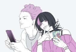 Rule 34 | 2boys, androgynous, black hair, black nails, bracelet, cellphone, cheek piercing, choker, eyelashes, face piercing, facial hair, hakari kinji, holding, holding phone, hoshi kirara, jewelry, jujutsu kaisen, lip piercing, medium hair, multicolored hair, multiple boys, mustache stubble, nail polish, phone, piercing, purple eyes, purple hair, short hair, simple background, smartphone, star-shaped pupils, star (symbol), streaked hair, stubble, symbol-shaped pupils, white background, yuz46