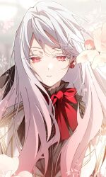 1girl albino black_dress blink_master_of_the_magic_academy bow bowtie colored_eyelashes dress highres hong_biyeon_adolebit long_hair looking_at_viewer red_bow red_bowtie red_eyes serious very_long_hair white_eyelashes white_hair