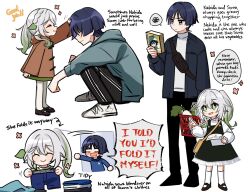 1boy 1girl arms_on_knees bag black_dress black_footwear black_pants blue_hair blue_hoodie blue_jacket blue_shirt blunt_ends box braid brown_coat cereal_box child closed_eyes closed_mouth coat dark_blue_hair dress english_text folded_clothes folding_clothes frilled_dress frills genshin_impact gradient_hair green_eyes green_hair green_skirt hair_between_eyes hand_on_own_hip headpat highres holding holding_box holding_paper holding_underwear holding_unworn_clothes hood hoodie jacket leaf long_hair long_sleeves looking_at_object looking_up mary_janes messenger_bag multicolored_hair nahida_(genshin_impact) open_mouth opening_door pants pantyhose paper parted_bangs pinafore_dress pointing pointing_up pointy_ears ponytail puffy_sleeves purple_eyes radish scaramouche_(genshin_impact) shirt shoes shopping short_hair shoulder_bag side_ponytail sidelocks skirt sleeveless sleeveless_dress smile sneakers socks squatting sweatpants turtleneck underwear unworn_clothes venti_(genshin_impact) wanderer_(genshin_impact) white_background white_footwear white_hair white_pantyhose white_shirt white_socks wide_sleeves yellow_bag zhacaitan