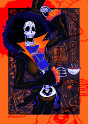 1boy absurdres afro alternate_hair_color artist_name ascot black_hat blue_ascot blue_hair brook_(one_piece) character_name commentary_request fluchinick frilled_sleeves frills hat heart highres holding holding_unworn_clothes holding_unworn_hat long_sleeves male_focus one_piece open_clothes open_mouth painttool_sai_(medium) skeleton solo spanish_commentary top_hat unworn_hat unworn_headwear