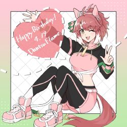 1girl ;d ahoge animal_ears belt birthday black_pantyhose bow breasts brown_eyes brown_hair character_name checkered_ribbon dantsu_flame_(umamusume) dated ear_covers ear_ribbon full_body hairband happy_birthday hashtag-only_commentary highres horse_ears horse_girl horse_tail large_breasts looking_at_viewer midriff navel one_eye_closed open_mouth pantyhose pink_hairband pink_shoes pink_shorts sanayama_(thou_uoht) shirt shoes shorts sitting smile sneakers solo tail tied_shirt umamusume v white_belt