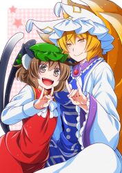 Rule 34 | 2girls, animal ear fluff, animal ears, animal hat, blonde hair, blue tabard, bow, bowtie, brown eyes, brown hair, cat ears, cat tail, chen, closed mouth, commentary request, eichi yuu, fox ears, fox shadow puppet, fox tail, green hat, hat, kitsune, long sleeves, looking at viewer, medium hair, mob cap, multiple girls, multiple tails, nekomata, open mouth, red skirt, red vest, skirt, smile, star (symbol), tabard, tail, touhou, two tails, vest, white bow, white bowtie, wide sleeves, yakumo ran, yellow eyes