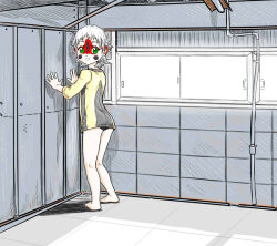 1girl against_wall barefoot black_panties green_eyes hinami_(nyancatimusprime) nyancatimusprime original panties personification scp-173 scp_foundation short_hair solo underwear white_hair window