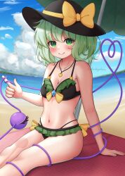 1girl absurdres adapted_costume arm_support backlighting bare_shoulders beach beach_umbrella bikini black_bikini black_hat blanket blue_sky blush bow bow_bikini breasts c: cleavage closed_mouth cloud collarbone commentary_request cumulonimbus_cloud eyeball eyelashes eyes_visible_through_hair feet_out_of_frame frilled_bikini frills green_eyes green_hair hair_between_eyes hand_up hat hat_bow heart heart_necklace heart_of_string highleg highleg_bikini highres index_finger_raised jewelry komeiji_koishi legs_together looking_at_viewer medium_hair multi-strapped_bikini_bottom navel necklace ocean outdoors shiny_skin sitting sky small_breasts smile solo soo_kazahana split_mouth stomach sun_hat swimsuit thighs third_eye touhou twitter_username umbrella under_umbrella yellow_bow