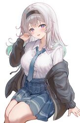 1girl absurdres black_hairband blue_necktie blue_skirt blush collared_shirt devl_ga_aru firefly_(honkai:_star_rail) gradient_eyes gradient_hair green_pupils grey_hair grey_jacket hair_between_eyes hair_intakes hairband highres honkai:_star_rail honkai_(series) jacket long_hair multicolored_eyes multicolored_hair necktie open_clothes open_jacket pleated_skirt shirt simple_background skirt solo striped_clothes striped_skirt two-tone_eyes white_background white_shirt