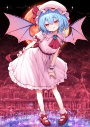 1girl :q arm_behind_back ascot bat_wings blue_hair bow collared_shirt commentary footwear_bow frilled_shirt_collar frilled_skirt frills full_body full_moon hair_between_eyes hat leaning_forward looking_at_viewer mary_janes mikan_(manmarumikan) mob_cap moon pink_hat pink_shirt pink_skirt puffy_short_sleeves puffy_sleeves red_ascot red_bow red_eyes red_moon red_nails red_shoes remilia_scarlet scarlet_devil_mansion shirt shoes short_hair short_sleeves skirt socks solo standing tongue tongue_out touhou white_socks wings wrist_cuffs