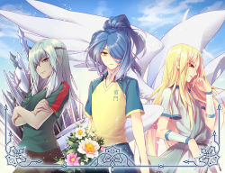 3boys afuro_terumi androgynous blonde_hair blue_hair clothes_writing eyepatch flower hair_over_one_eye inazuma_eleven inazuma_eleven_(series) kazemaru_ichirouta long_hair male_focus multiple_boys multiple_wings ponytail raglan_sleeves raimon raimon_soccer_uniform sakuma_jirou sash seraph smile soccer_uniform sportswear tunic white_hair wings yeruen zeus_(inazuma_eleven)