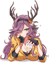1girl absurdres animal_ears antlers arknights black_gloves black_hairband blush breasts cleavage coldshot_(arknights) cup deer_antlers deer_ears deer_girl drinking_glass eyes_visible_through_hair feather_hair_ornament feathers fingerless_gloves flower gloves hair_ornament hair_over_one_eye hairband hand_on_own_cheek hand_on_own_face heart highres holding holding_cup horns jacket long_hair long_sleeves looking_at_viewer maiq06 mole mole_under_mouth ponytail purple_hair red_flower red_rose rose simple_background solo upper_body very_long_hair white_background yellow_jacket