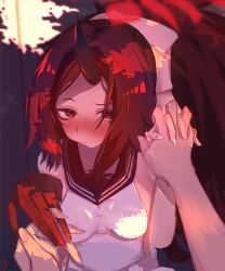 1boy 1girl aoidelan9 bare_arms bare_shoulders blue_archive blush closed_mouth forehead hair_ribbon highres holding_hands horns long_hair looking_at_viewer ponytail pov red_eyes red_hair red_sailor_collar renge_(blue_archive) ribbon sailor_collar shirt sidelocks single_horn sleeveless sleeveless_shirt upper_body white_ribbon white_shirt