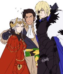 1girl 2boys aged_up armor black_gloves blonde_hair blue_cape blue_eyes brown_hair cape claude_von_riegan claude_von_riegan_(timeskip) closed_mouth dark-skinned_male dark_skin dimitri_alexandre_blaiddyd dimitri_alexandre_blaiddyd_(timeskip) double_bun dress edelgard_von_hresvelg edelgard_von_hresvelg_(timeskip) eyepatch fake_horns fire_emblem fire_emblem:_three_houses flying_sweatdrops gloves green_eyes hair_bun horned_headwear horns hover_hand looking_at_viewer mullet multiple_boys nervous_smile nintendo purple_eyes red_cape red_dress sandwiched sideburns sidelocks silver_hair simple_background sketch smile sweatdrop white_background yarr