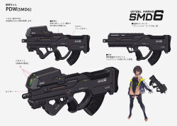 1girl arms_note assault_rifle bare_shoulders black_gloves black_one-piece_swimsuit brown_hair bullpup reference_sheet competition_swimsuit covered_navel dark-skinned_female dark_skin from_side fukai_ryosuke gloves green_eyes gun hair_ornament highres jacket looking_at_viewer magazine_(weapon) multiple_views off_shoulder one-piece_swimsuit personal_defense_weapon rifle short_hair simple_background submachine_gun swimming_club_president_(fukai_ryousuke) swimsuit swimsuit_under_clothes thighhighs toeless_legwear weapon weapon_focus