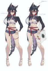 1girl 80illu abs absurdres alternate_costume animal_ear_fluff animal_ears arknights belt bikini black_hair black_shorts black_shrug brown_eyes commentary_request full_body glasses gradient-tinted_eyewear highres long_hair long_sleeves looking_at_viewer micro_shorts multicolored_hair multiple_views penguin_logistics_logo red_belt red_hair round_eyewear sandals shorts shrug_(clothing) signature simple_background standing swimsuit tail texas_(arknights) thigh_strap tinted_eyewear two-tone_hair white_background white_bikini white_sandals wolf_ears wolf_girl wolf_tail