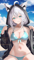 1girl absurdres ahoge animal_ear_fluff animal_ears bikini black_hoodie blue_bikini braid breasts cleavage cloud cloudy_sky commentary_request earrings ears_through_hood fox_ears fox_girl green_eyes hair_between_eyes halterneck highres hololive hood hood_up hoodie jacket jewelry long_hair looking_at_viewer medium_breasts navel open_clothes open_jacket outdoors removing_jacket shirakami_fubuki sidelocks single_braid sky solo stomach string_bikini swimsuit virtual_youtuber wakaunderblade7 watermark white_hair