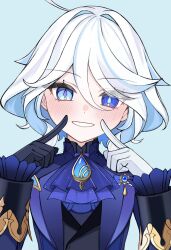 1girl ahoge ascot asymmetrical_gloves black_ascot black_gloves blue_ascot blue_brooch blue_eyes blue_gemstone blue_hair blue_jacket blush cowlick drop-shaped_pupils eyelash_ornament finger_to_cheek furina_(genshin_impact) gem genshin_impact gloves hair_between_eyes hand_up heterochromia highres index_finger_raised irodo_1024 jacket long_sleeves looking_at_viewer mismatched_gloves mismatched_pupils multicolored_hair open_mouth ouji_fashion pointing pointing_at_self simple_background smile solo streaked_hair symbol-shaped_pupils teeth upper_body upper_teeth_only white_gloves white_hair