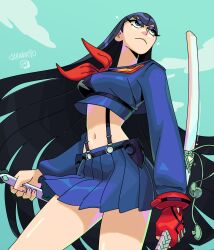 Rule 34 | 1girl, artist name, bakuzan, black hair, blue eyes, blue sky, breasts, caranvolo, dual wielding, gloves, highres, holding, katana, kill la kill, kiryuuin satsuki, kiryuuin satsuki (senketsu), large breasts, living clothes, long hair, midriff, navel, red gloves, revealing clothes, school uniform, senketsu, signature, single glove, skirt, sky, solo, suspenders, sword, thick eyebrows, weapon