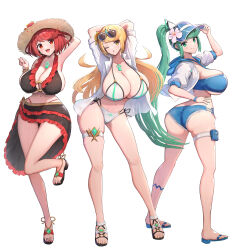 3girls :d absurdres adjusting_clothes adjusting_headwear alternate_costume arm_up armlet armpits arms_up ass belly bikini black_bikini blonde_hair blush bob_cut bracelet breasts chest_jewel cleavage core_crystal_(xenoblade) curvy day earrings eyewear_on_head feet flip-flops floating_earrings flower frilled_bikini frills full_body gonzarez green_eyes green_hair hair_flower hair_ornament happy hat highres huge_breasts jacket jewelry kneepits large_breasts legs long_hair long_legs looking_at_viewer medium_hair multiple_girls mythra_(xenoblade) nail_polish navel o-ring o-ring_bikini o-ring_top one_eye_closed open_clothes open_mouth open_shirt pneuma_(xenoblade) ponytail pouch pyra_(xenoblade) red_eyes red_hair ribbon sandals shirt short_shorts shorts side-tie_bikini_bottom side_ponytail sideboob simple_background skindentation smile standing standing_on_one_leg stomach straw_hat sunglasses swept_bangs swimsuit thigh_gap thigh_pouch thigh_strap thighs tiara toenail_polish toenails toes underboob very_long_hair visor_cap water white_background white_bikini white_jacket white_shirt wide_hips wristband xenoblade_chronicles_(series) xenoblade_chronicles_2 yellow_eyes