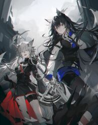 2girls absurdres arknights black_hair black_jacket black_pantyhose black_shorts brown_eyes camellia1nsnow closed_mouth cowboy_shot grey_eyes grey_hair highres holding holding_sword holding_weapon jacket lappland_(arknights) long_hair looking_at_viewer multiple_girls open_mouth pantyhose shorts smile sword teeth texas_(arknights) upper_teeth_only weapon
