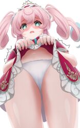 1girl ^^^ absurdres aqua_eyes aqua_hair asutokun_th blush bright_pupils clothes_lift commentary dress dress_lift drill_hair from_below hat highres honkai:_star_rail honkai_(series) hyacine_(honkai:_star_rail) looking_at_viewer multicolored_hair navel open_mouth panties pink_hair red_dress red_hat simple_background solo sweatdrop teeth thighs twin_drills twintails two-tone_hair underwear upper_teeth_only white_background white_panties white_pupils