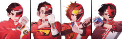 Rule 34 | 4boys, absurdres, bakuage sentai boonboomger, black hair, bodysuit, boonboom changer, brown hair, bun red, engine sentai go-onger, esumi sousuke, gekisou sentai carranger, gloves, go-on red, go-phone, hando taiya, helmet, highres, holding, hono riki, jacket, jinnai kyosuke, kousoku sentai turboranger, male focus, multiple boys, open mouth, red bodysuit, red helmet, red jacket, red racer, red turbo, rouyama saki, simple background, smile, super sentai, tokusatsu, upper body, white background, yuer (user ecrv4275)