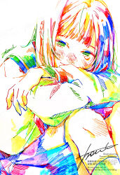 1girl closed_mouth colorful half-closed_eyes hatching_(texture) highres long_hair looking_at_viewer original school_uniform serafuku sitting skirt smile socks tearing_up watanabe_tomari