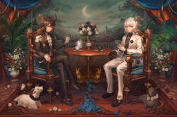 2boys animal_ears arknights ascot balcony black_flower black_footwear black_hair black_jacket black_pants black_rose black_shirt black_suit blue_flower blue_rose boutonniere brooch buttoned_cuffs buttons carpet chair cloud collared_shirt crescent_moon crossed_legs cup curtains ebenholz_(arknights) epaulettes flower formal_clothes full_body goat goat_boy goat_ears goat_horns green_sky hair_between_eyes hebbtia highres holding holding_flower horns indoors interlocked_fingers jacket jewelry kreide_(arknights) lapels long_hair long_sleeves looking_at_viewer low_ponytail male_focus moon multiple_boys notched_lapels open_clothes open_jacket own_hands_together pants pendant pink_flower pink_rose plant ponytail purple_eyes red_flower red_rose rose saucer shirt shoes sitting sky smile suit table teacup teapot vase white_ascot white_flower white_jacket white_pants white_rose white_suit
