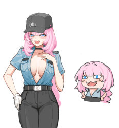 1559265249 1girl alternate_costume belt black_belt black_choker black_hat black_pants blue_eyes blue_shirt breasts chibi choker commentary_request elysia_(honkai_impact) gloves hat highres honkai_(series) honkai_impact_3rd large_breasts long_hair looking_at_viewer multiple_views no_bra open_clothes open_mouth open_shirt pants pink_hair police police_uniform policewoman shirt simple_background single_glove white_background white_gloves