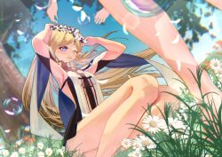 2girls absurdres arms_up bare_legs black_dress blonde_hair blue_eyes blush breasts cartethyia_(wuthering_waves) chromatic_aberration commentary dress grass head_wreath highres kyo_no_neko legs long_hair medium_breasts multiple_girls one_eye_closed outdoors parted_bangs parted_lips sitting smile tabard tacet_mark_(wuthering_waves) very_long_hair white_tabard wuthering_waves