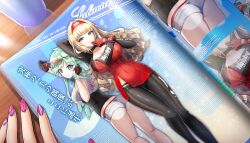3girls adjusting_eyewear arm_up blonde_hair blue_eyes breasts cleavage cleavage_cutout clothing_cutout collar dolphin_wave finger_to_own_chin game_cg gloves green_hair hairband headband highres kirahoshi_kanna kishimen_hair large_breasts long_hair looking_back magazine_(object) micro_shorts multiple_girls non-web_source official_alternate_costume official_art ootomo_takuji pink_nails race_queen racing_suit red_headband selena_lewis shorts sleeveless smile sunglasses underboob_cutout wavy_hair