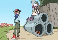 1boy 1girl baseball_cap blue_eyes brown_hair culvert fence gen_5_pokemon hand_in_pocket hat hilbert_(pokemon) hilda_(pokemon) nintendo nyagiratwist open_mouth outdoors pokemon pokemon_(creature) pokemon_bw sitting source_request tepig wooden_fence