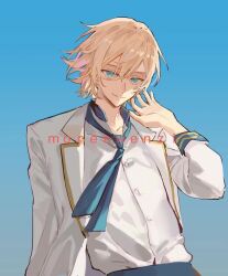 Rule 34 | 1boy, blonde hair, blue background, blue eyes, blue necktie, collared shirt, ensemble stars!, gradient background, hair between eyes, hair ornament, highres, jacket, necktie, open clothes, open jacket, qyzhiaiyisheng, shirt, short hair, smile, tenshouin eichi, upper body, white shirt