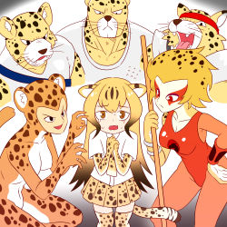 10s 3boys 3girls absurdres animal_print apollo_(cheetahmen) aries_(cheetahmen) bare_arms bare_shoulders black_eyes breasts brown_hair cheetah_(dc) cheetah_(kemono_friends) cheetah_boy cheetah_girl cheetahmen cheetara claw_pose claws cleavage closed_mouth collarbone collared_shirt commentary covered_erect_nipples crossover dc_comics dress_shirt elbow_gloves english_commentary fangs flying_sweatdrops frown furrowed_brow furry gloves gradient_hair hand_on_own_hip headband hercules_(cheetahmen) highres kemono_friends large_breasts leopard_print leotard long_hair looking_at_viewer miniskirt multicolored_hair multiple_boys multiple_crossover multiple_girls muscular necktie open_mouth orange_hair orange_leotard own_hands_together pleated_skirt polearm print_gloves print_legwear print_neckwear print_skirt red_eyes roger_i.s. scared shirt short_hair short_sleeves skirt spotted_hair streaked_hair sweat thighhighs thundercats trait_connection two-tone_hair very_long_hair wavy_mouth weapon whiskers white_shirt wing_collar zettai_ryouiki
