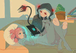 Rule 34 | 2girls, :o, absurdres, bare legs, barefoot, blue eyes, blush, book, breasts, cactus, command &amp; conquer, command &amp; conquer: red alert, command &amp; conquer: red alert 2, couch, foehn revolt, foehn revolt symbol, fur-trimmed jacket, fur trim, highres, holding, holding tablet pc, hood, hood up, indoors, interlocked fingers, jacket, knees, knees to chest, libra (mental omega), long sleeves, looking at another, looking at screen, lying, mechanical tail, mental omega (mod), multi-tied hair, multiple girls, ncxdjj, no pants, on back, pink hair, red eyes, shadow, shirt, short hair, short sleeves, sitting, small breasts, tablet pc, tail, white hair, white shirt, wide sleeves, yunru (mental omega), yuri