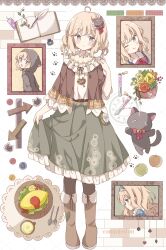 1girl :d ;q absurdres ahoge apple black_pantyhose blonde_hair blush book boots borrowed_character brown_boots brown_jacket buttons cat cat_hair_ornament clock closed_mouth commentary_request commission cup flower fold-over_boots food fork frilled_skirt frills fruit full_body green_skirt grey_hair grey_hoodie grid_background hair_ornament highres hood hood_up hoodie jacket looking_at_viewer multiple_views omelet omurice one_eye_closed open_clothes open_jacket open_mouth original pantyhose paw_print plate pleated_skirt quill red_flower red_rose rose shirt short_hair short_sleeves sign skeb_commission skirt skirt_hold smile spoon standing tongue tongue_out tsukiyo_(skymint) white_background white_shirt
