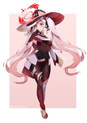 Rule 34 | 1girl, absurdres, black gloves, bodysuit, breasts, character request, copyright request, gloves, gluteal fold, grey hair, halo, hat, highres, long hair, looking at viewer, peesh san, red eyes, skin tight, small breasts, solo, standing, teeth, thigh gap, twintails, very long hair, witch, witch hat