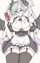 1girl apron azuki_(ne_4zk) black_thighhighs bow breasts candy cellphone cleavage demon_girl demon_horns demon_wings ear_piercing fate/grand_order fate_(series) food garter_straps green_eyes highres holding holding_phone horns large_breasts lilith_(fate) lollipop lollipop_in_mouth long_hair maid_apron maid_day phone piercing pointy_ears skindentation skirt thick_thighs thighhighs thighs twintails white_hair wings