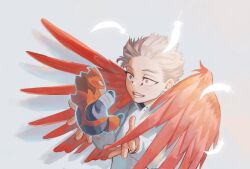 Rule 34 | 1boy, boku no hero academia, brown eyes, brown hair, character doll, commentary request, doll, endeavor (boku no hero academia), falling feathers, feathers, grey background, grey shirt, hawks (boku no hero academia), highres, kogu (nue insideout), male focus, open mouth, red wings, shirt, simple background, solo, teeth, upper body, wings