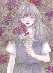 1girl collarbone collared_shirt dress floral_background flower grey_eyes grey_hair grey_skirt leaf leaf_background lips lonely long_hair looking_at_viewer muted_color open_collar original painting_(medium) pinafore_dress purple_flower red_flower red_lips shirt short_sleeves skirt sleeveless_dress solo traditional_media watercolor_(medium) white_shirt yana_kotta